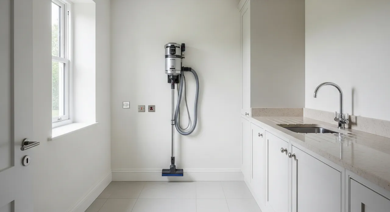Central vacuum unit professionally installed in a modern home utility room